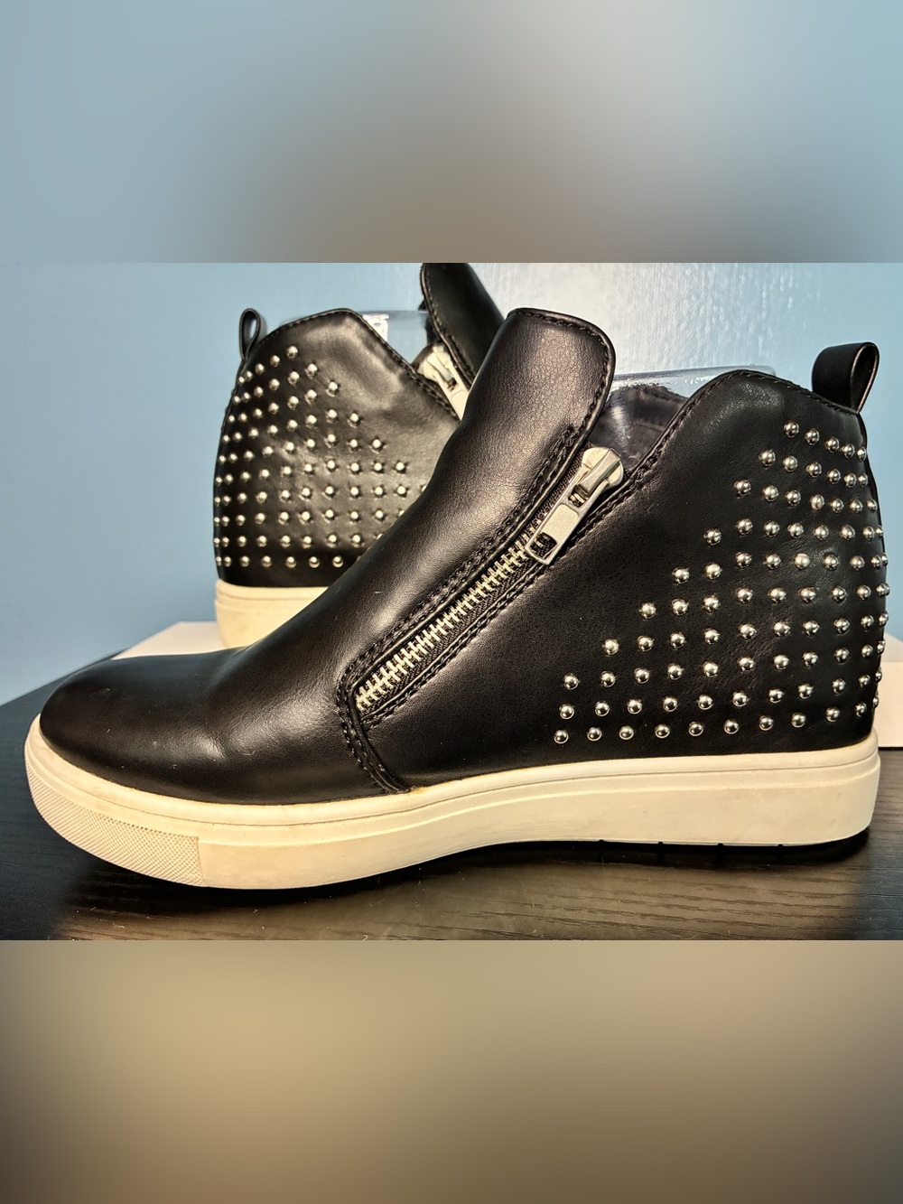 Black Studded Wedge Slip-On Sneakers with Side Zip
